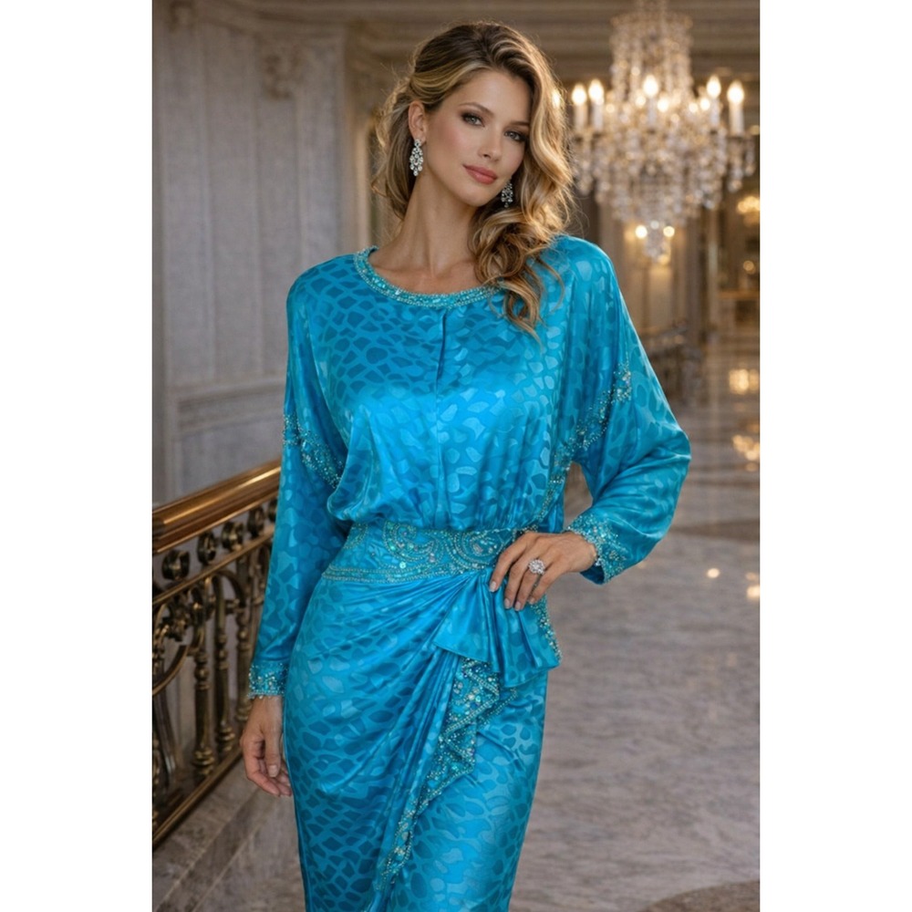 Lillie Rubin Vintage Turquoise Silk Jacquard Sequin Beaded Evening Gown Dress 8